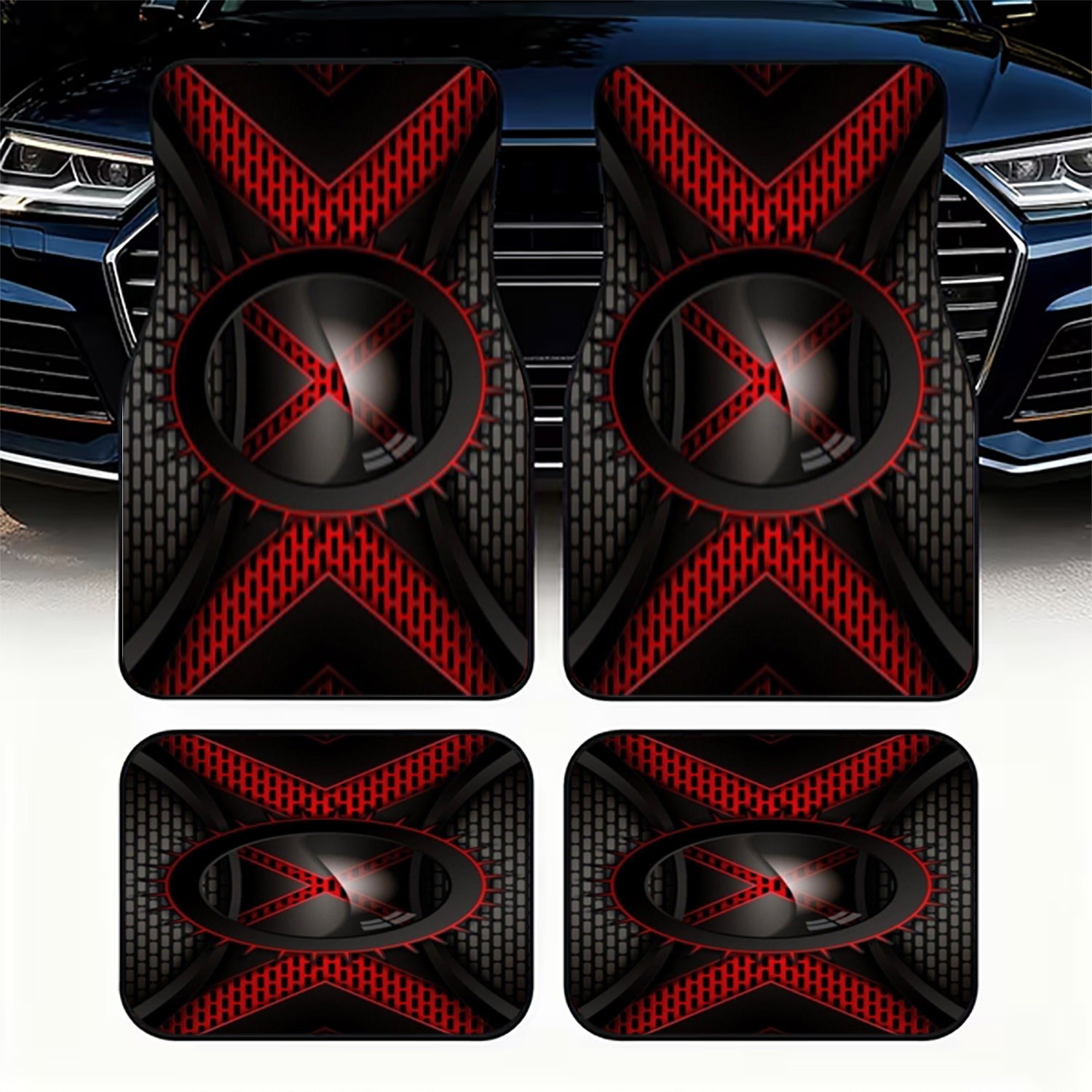 Interior Design Industrial Style - 4枚セット 車用フロアマット、ブラック＆レッドの未来的なデザイン、ハイテク工業スタイル素材、車内装飾用、スタイリッシュ