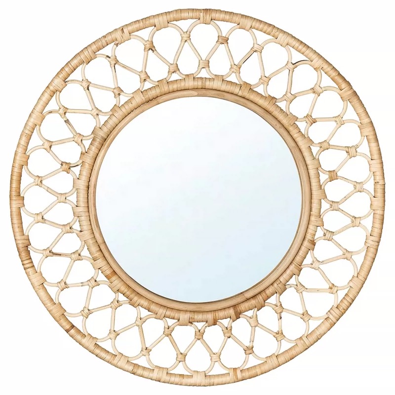 Rattan Mirror Round - ラウンドラタンウォールミラー、天然織りフレーム、直径30インチ、装飾的な花びらデザイン、ヴィンテージボヘミアンスタイル