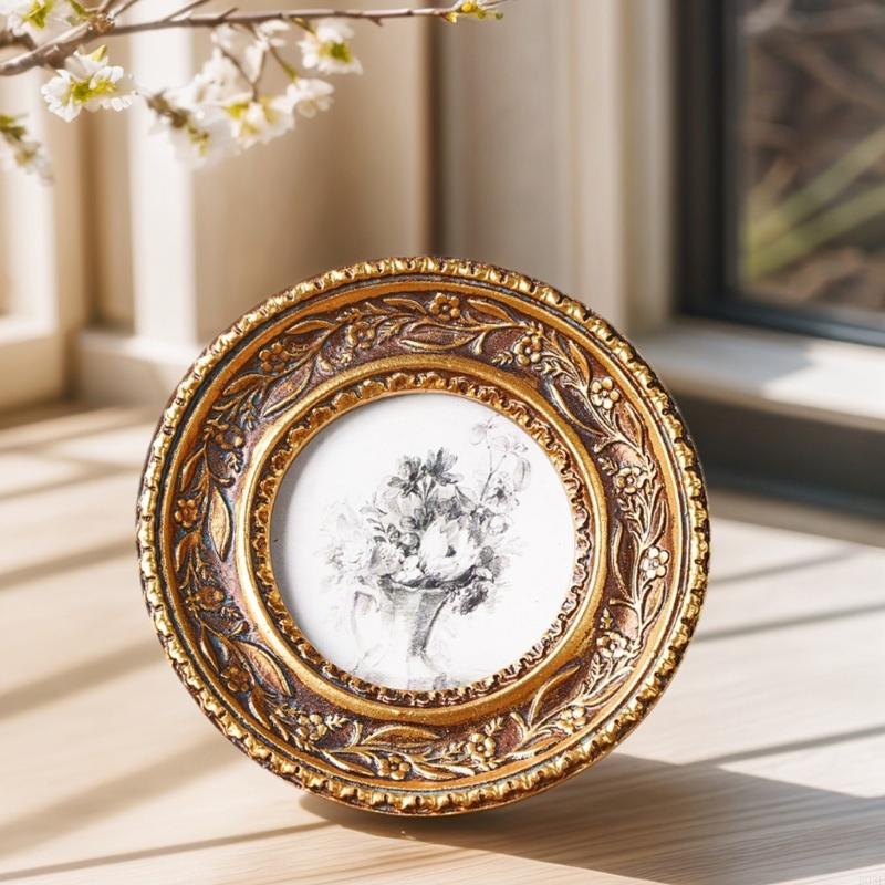 Rattan Mirror Round - アンティーク ブロンズ ゴールド ラウンド フォト フレーム
