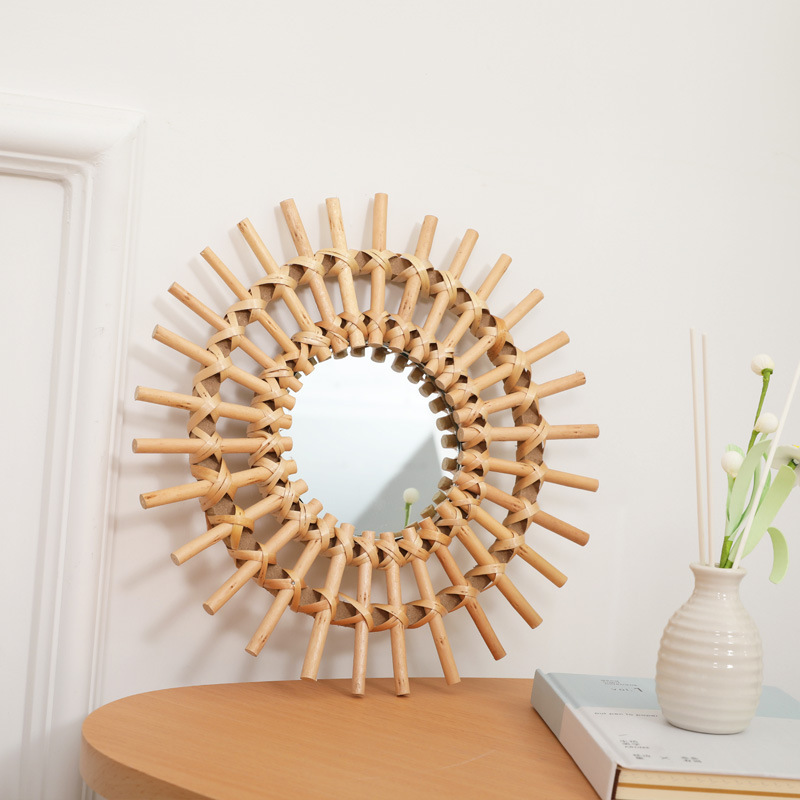 Rattan Mirror Round - ボヘミアンラタンウォールミラー、手作り織りサンバーストウォールアート、素朴なラウンド装飾ミラーリビングルームベッドルームホームデコレーション用