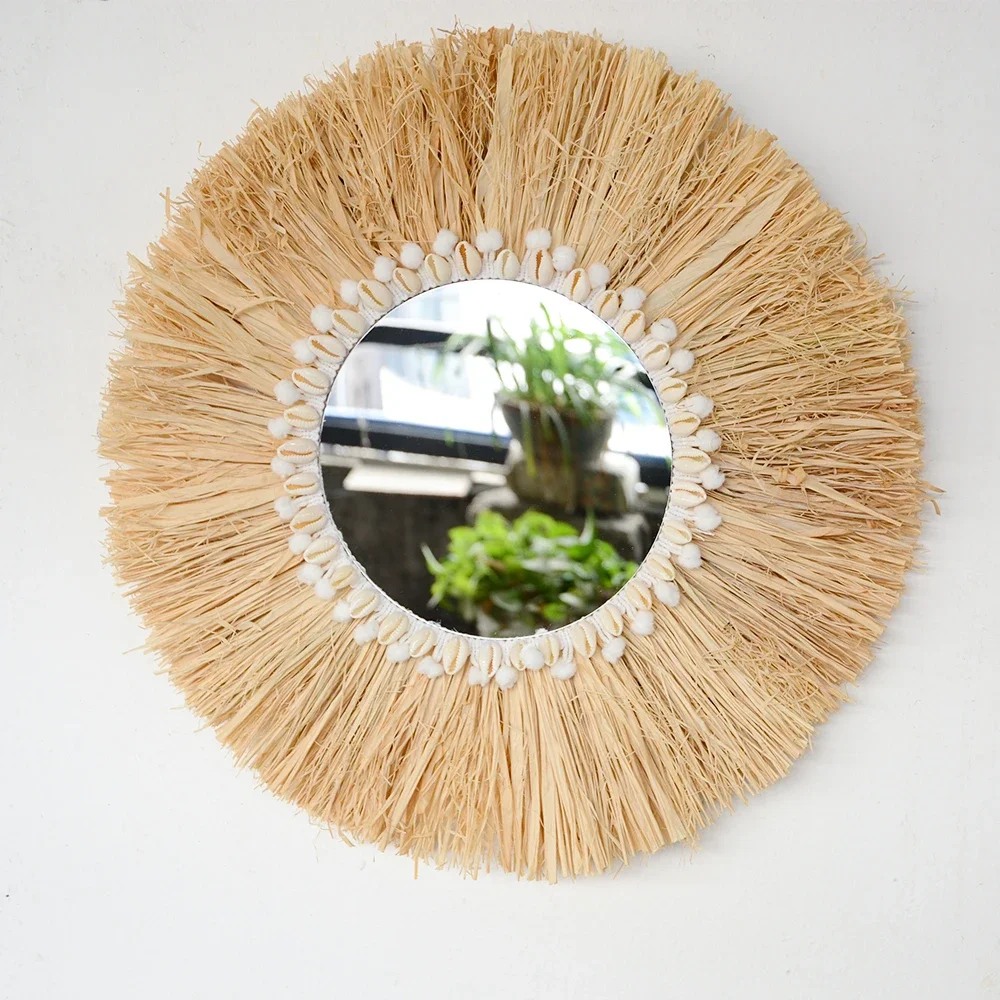 Rattan Mirror Round - 自由奔放に生きるホーム家具森ラフィア装飾壁ミラーラフィア織シェル小さな糸ボールタペストリーリビングルームの装飾ミラー
