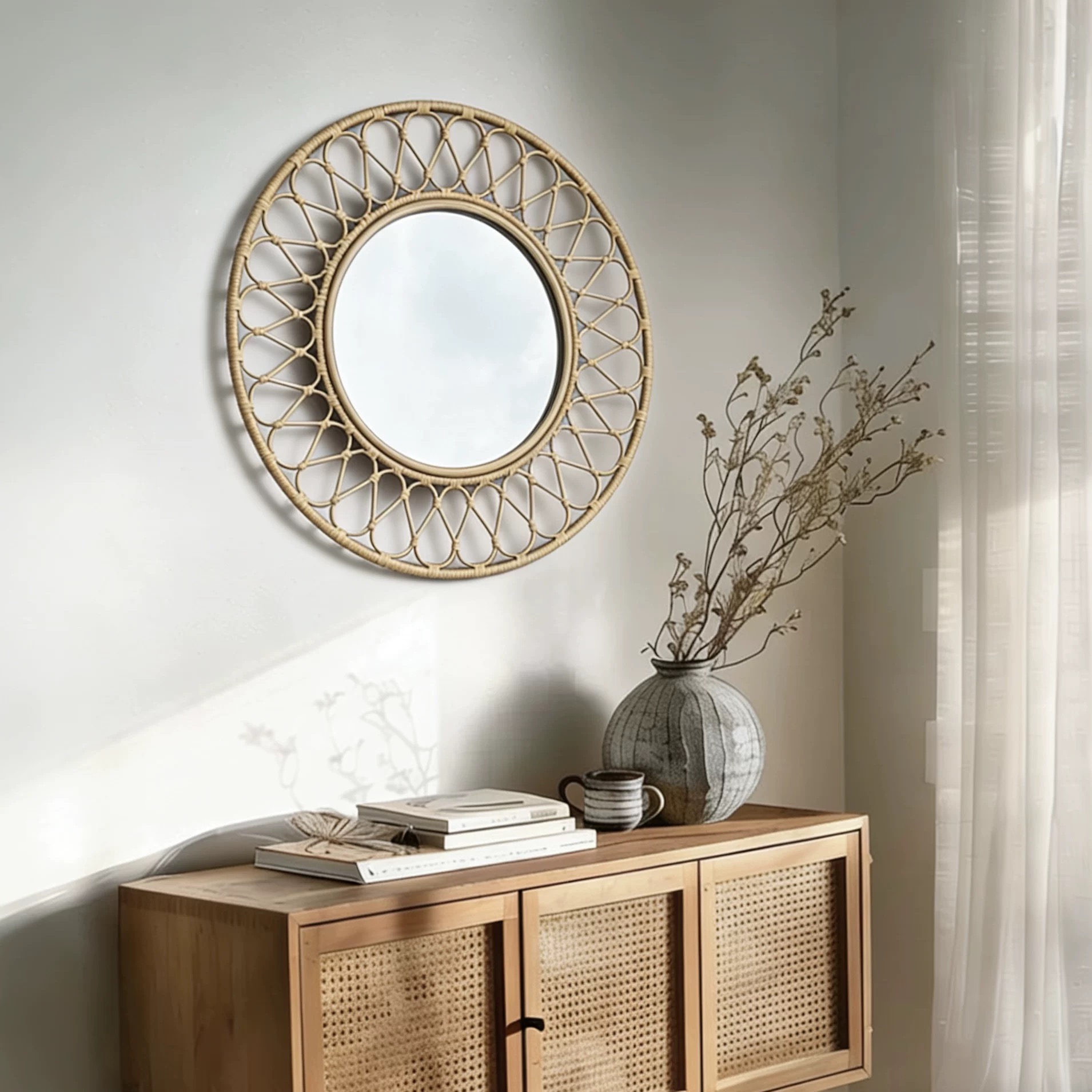 ラウンドラタンウォールミラー、天然織りフレーム、直径30イン - Rattan Mirror Round のレビューと価格