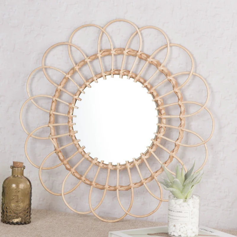 吊り下げ式ミラー ラタン ひまわり 円形 壁掛け装飾ミラー  - Rattan Mirror Round のレビューと価格