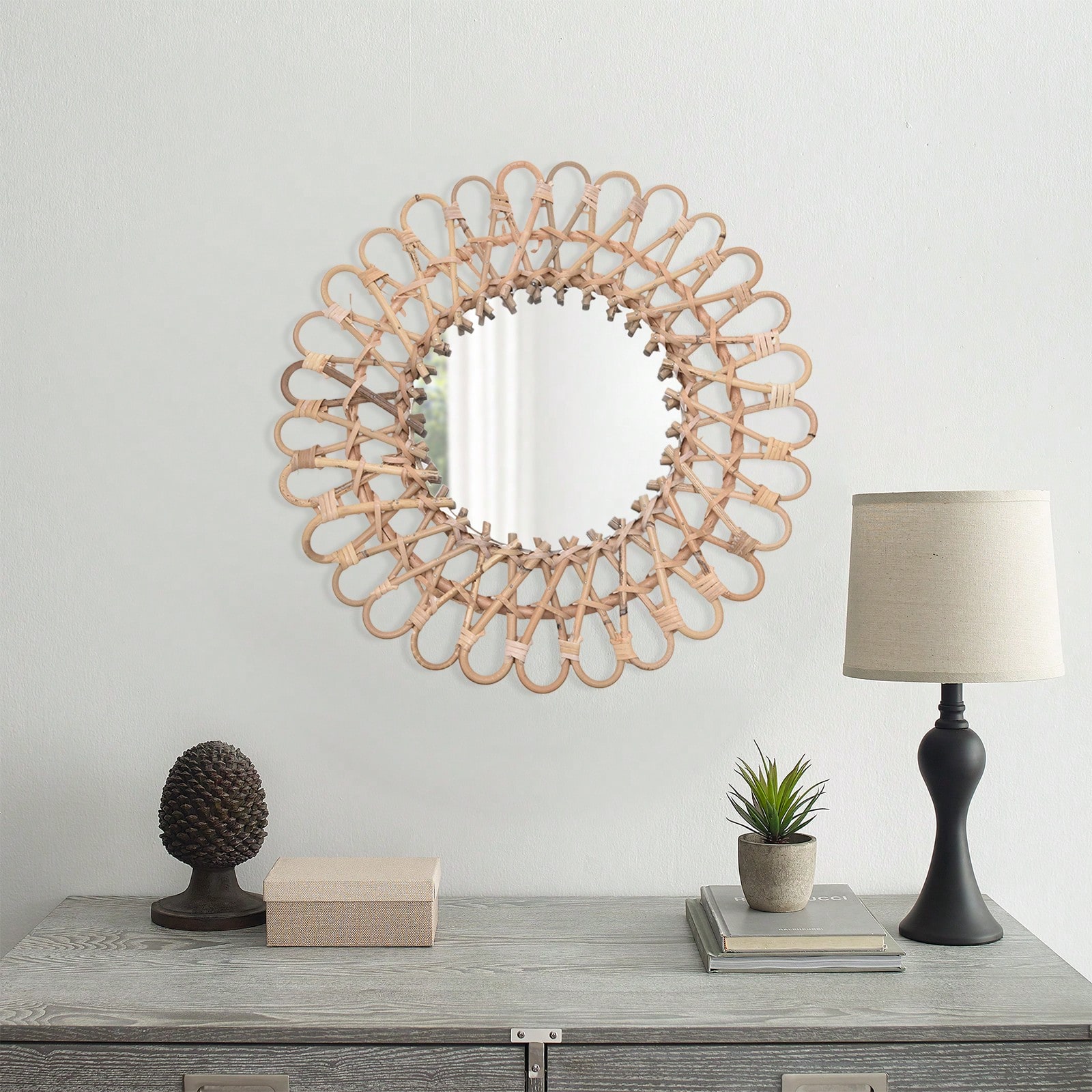 丸型ラタンミラー、丸型装飾壁掛けミラー、手作りの素朴なミラー - Rattan Mirror Round のレビューと価格