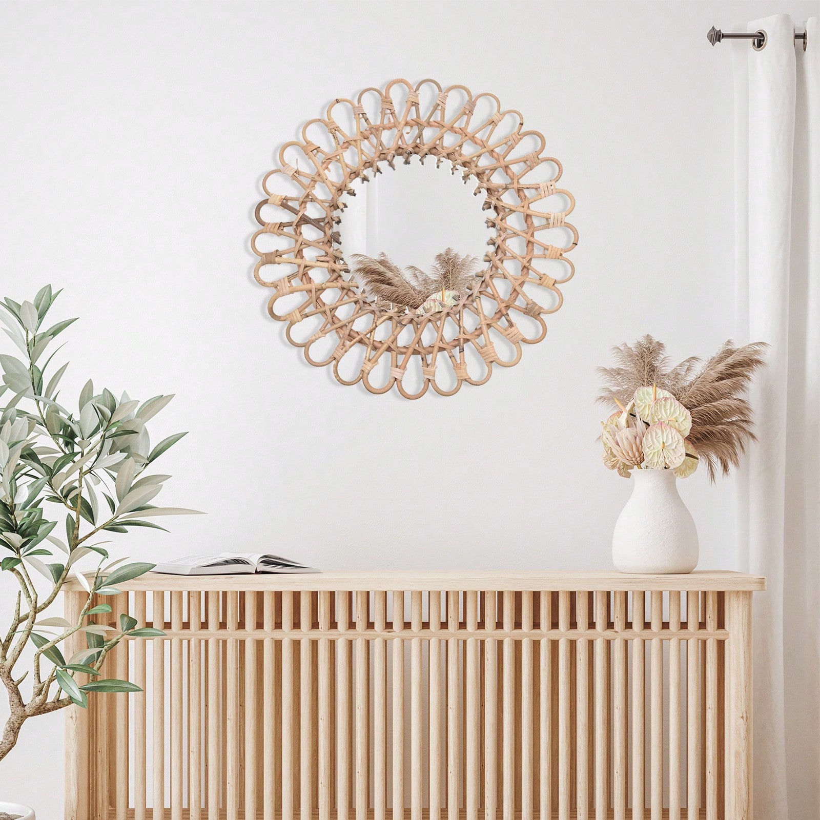 丸型ラタンミラー、丸型装飾壁掛けミラー、手作りの素朴なミラー - Rattan Mirror Round のレビューと価格