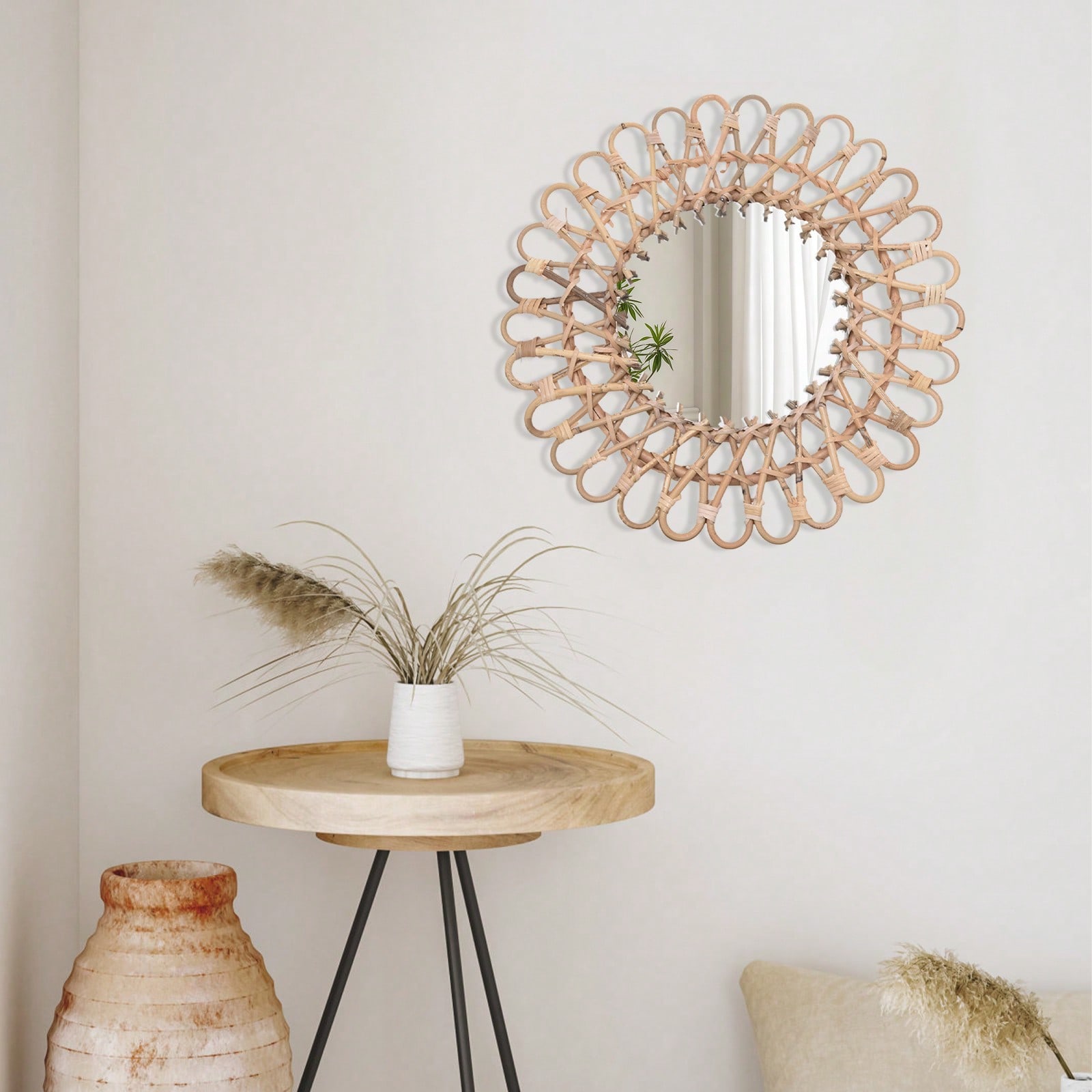 丸型ラタンミラー、丸型装飾壁掛けミラー、手作りの素朴なミラー - Rattan Mirror Round のレビューと価格