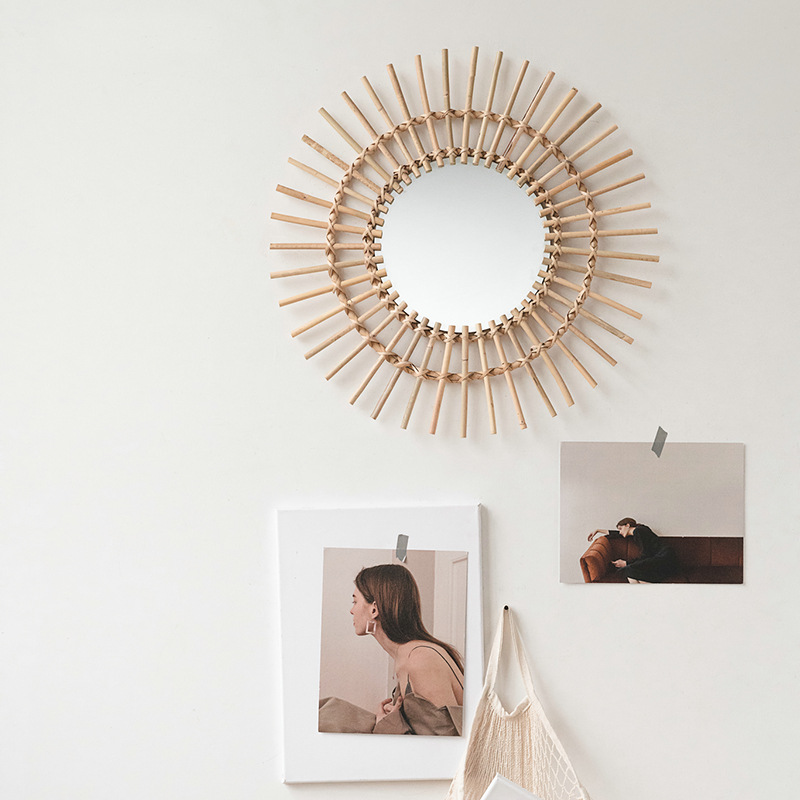 ラタン製壁掛け北欧風ホームステイ化粧鏡、手編み壁飾り壁掛け丸 - Rattan Mirror Round のレビューと価格