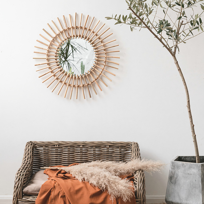 ラタン製壁掛け北欧風ホームステイ化粧鏡、手編み壁飾り壁掛け丸 - Rattan Mirror Round のレビューと価格