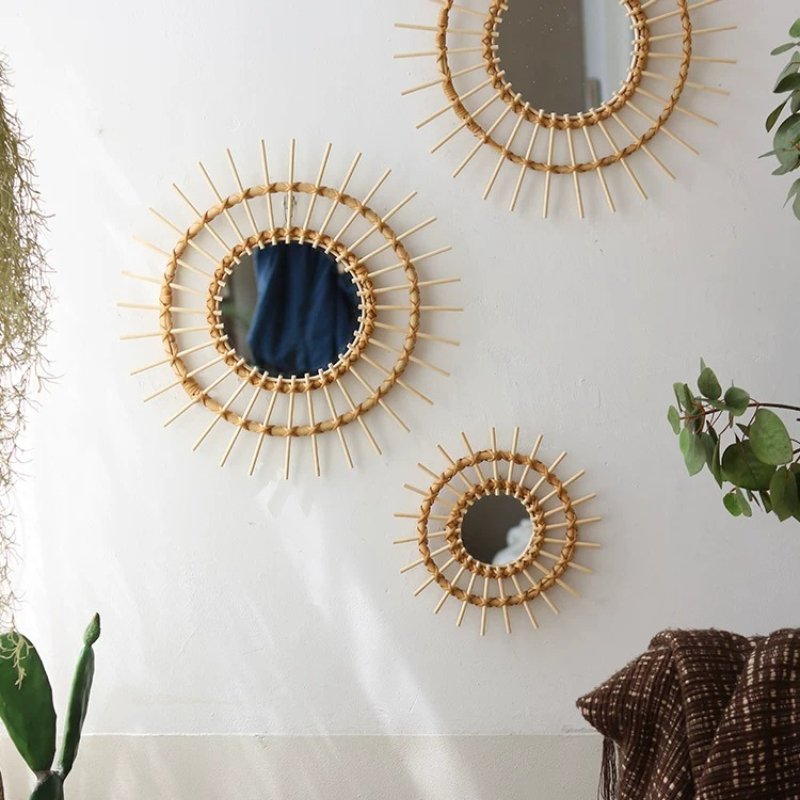 クリエイティブな籐製丸型装飾鏡、アートウォールエントランスデ - Rattan Mirror Round のレビューと価格