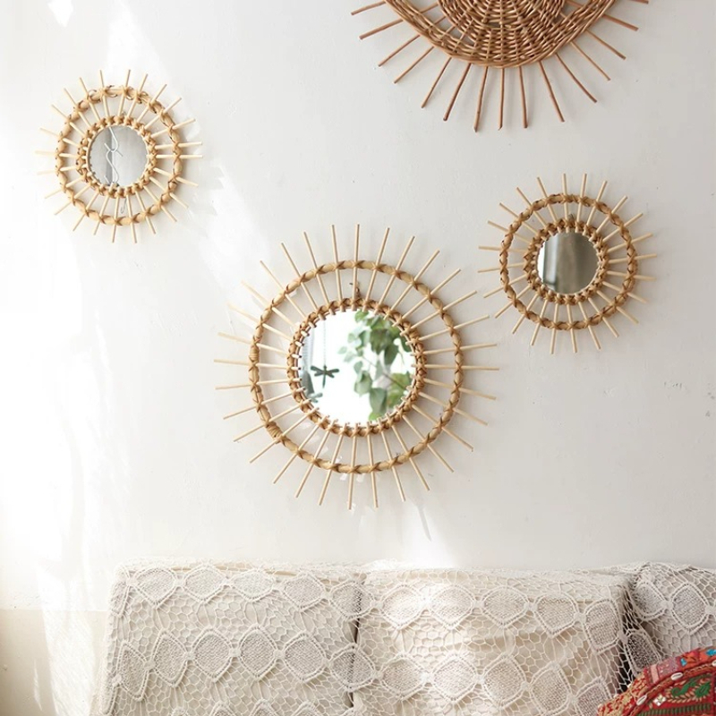 クリエイティブな籐製丸型装飾鏡、アートウォールエントランスデ - Rattan Mirror Round のレビューと価格