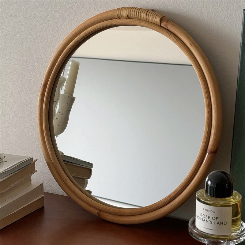 中世籐ミラー化粧鏡レトロ侘び砂風日本のラウンドミラーホームス - Rattan Mirror Round のレビューと価格