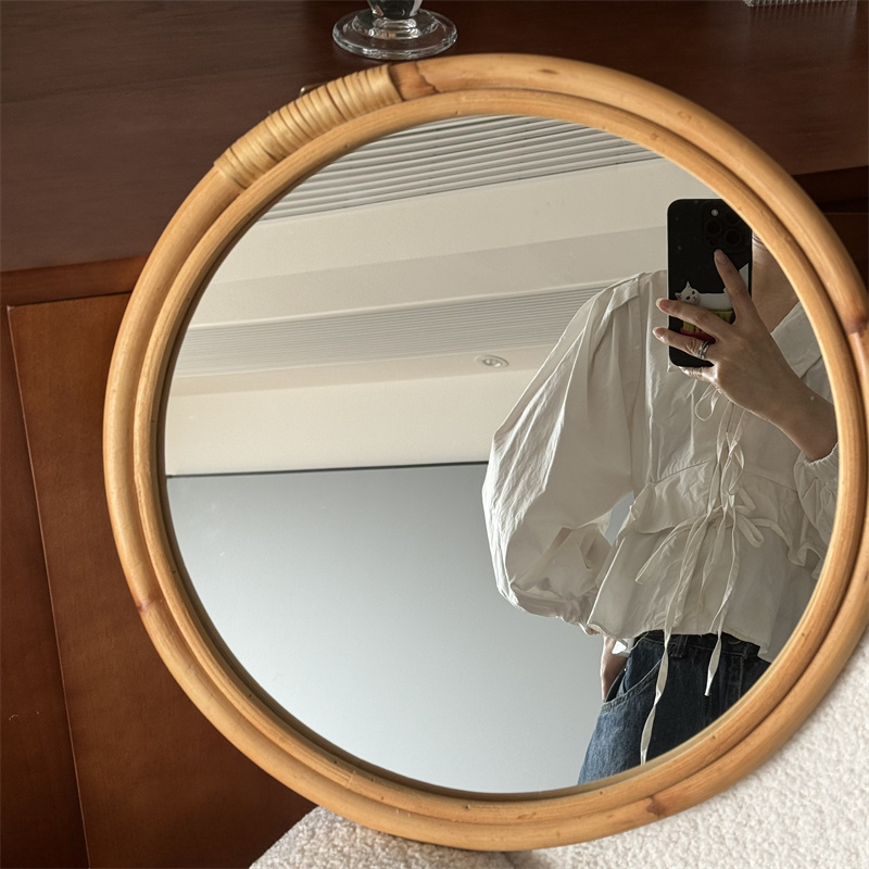 中世籐ミラー化粧鏡レトロ侘び砂風日本のラウンドミラーホームス - Rattan Mirror Round のレビューと価格