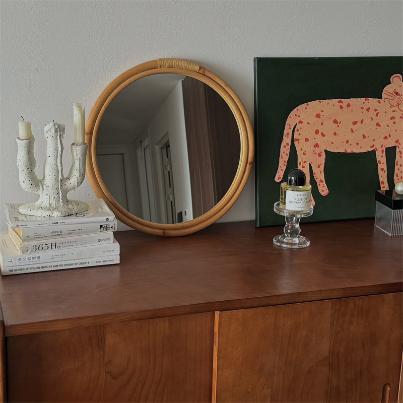中世籐ミラー化粧鏡レトロ侘び砂風日本のラウンドミラーホームス - Rattan Mirror Round のレビューと価格