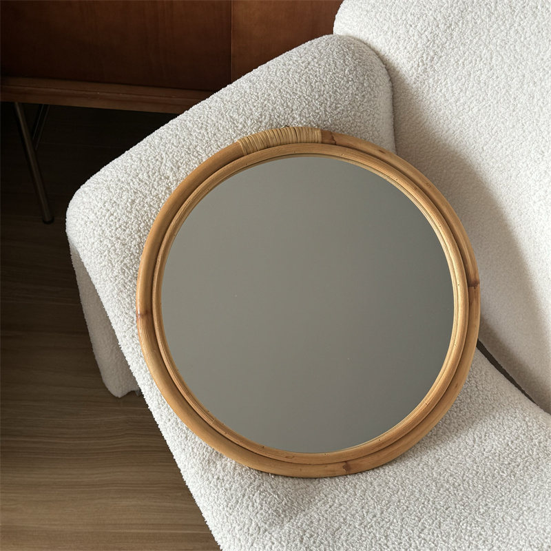 中世籐ミラー化粧鏡レトロ侘び砂風日本のラウンドミラーホームス - Rattan Mirror Round のレビューと価格
