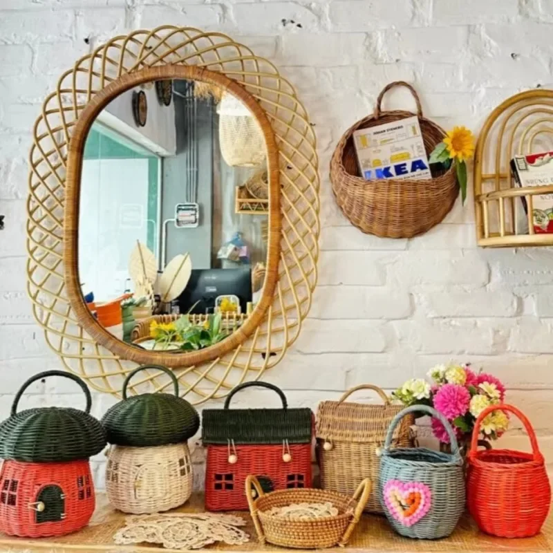 モダンな丸い籐の壁掛け鏡 - Rattan Mirror Round のレビューと価格
