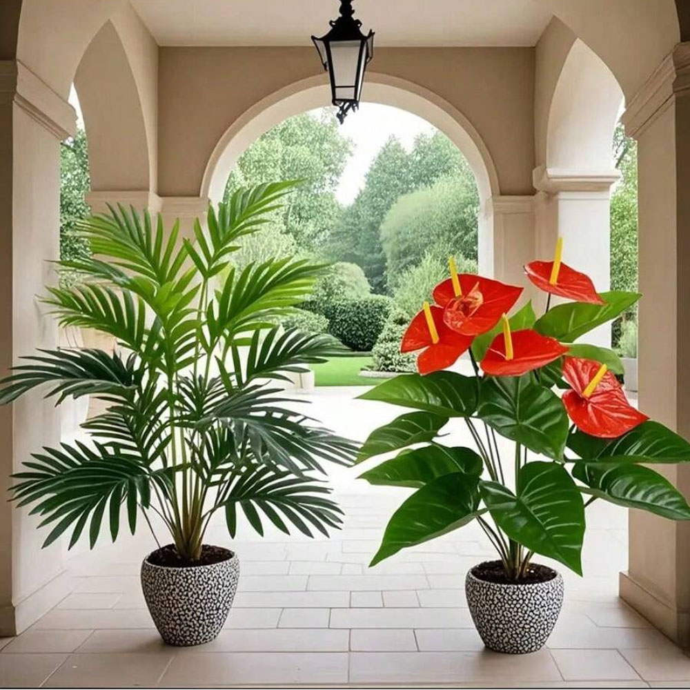 2 セット大型人工ヤシ植物とアンスリウムグリーンサイカス葉プ - Interior Design Office のレビューと価格